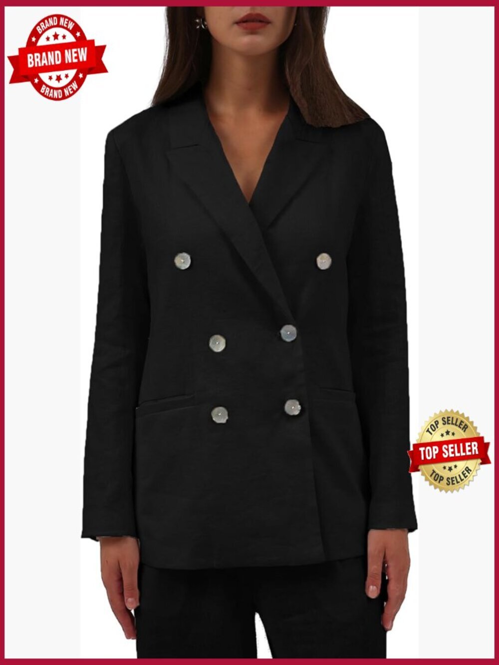 Pure Linen Double-Breasted Blazer with Pockets